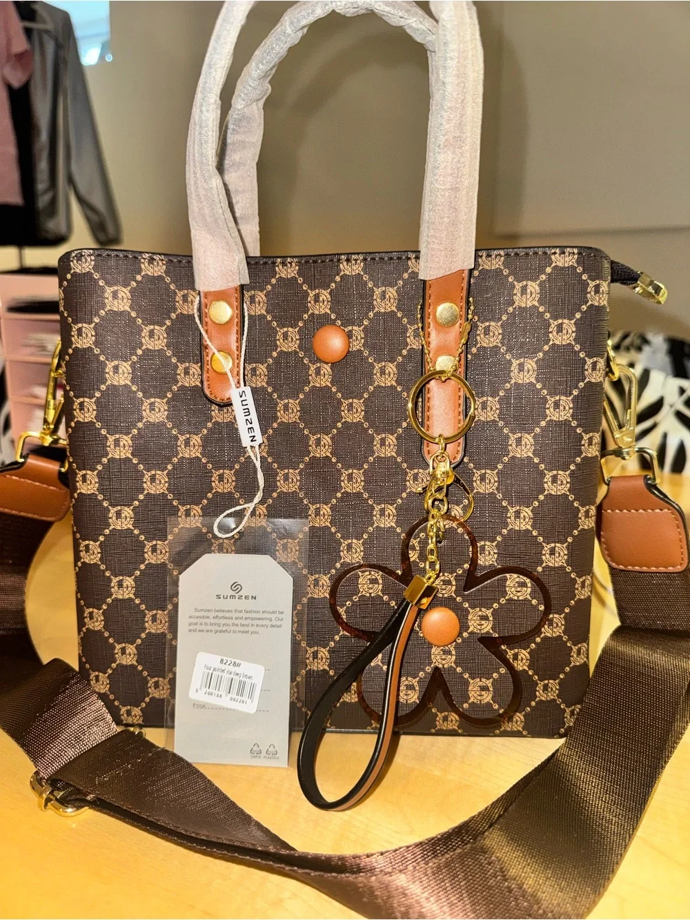 Sumzen Brown Patterned Tote/Crossbody